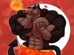  &lt;3 2016 4_fingers abs biceps big_biceps black_nose brown_fur bulge canine clothed clothing colored danandnite digital_drawing_(artwork) digital_media_(artwork) doberman dog fire front_view fur half-length_portrait light long_tail looking_at_viewer male mammal multicolored_fur muscular muscular_male orange_bottomwear orange_clothing orange_eyes pants pecs portrait red_background shaded sharp_teeth signature simple_background smile symbol teeth topless triceps two_tone_fur 