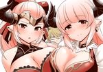  1boy 2girls alicia_(granblue_fantasy) aliza_(granblue_fantasy) asymmetrical_docking bare_shoulders blush breast_press breasts cleavage closed_mouth doraf earrings granblue_fantasy highres horns huge_breasts kanno_takanori long_hair looking_at_viewer milf monochrome mother_and_daughter multiple_girls open_mouth pink_hair pointy_ears red_eyes silver_hair simple_background smile upper_body white_background 