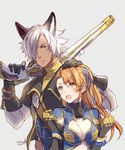  1girl animal_ears beatrix_(granblue_fantasy) blue_eyes blush breasts brown_eyes brown_hair cleavage cleavage_cutout dark_skin dark_skinned_male elbow_gloves erune eustace_(granblue_fantasy) gloves granblue_fantasy gun large_breasts mesme petting rifle weapon white_hair 