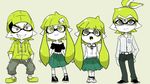  2girls beanie blush cargo_pants collared_shirt commentary_request domino_mask dress fangs full_body glasses green_eyes green_hair grey_eyes hair_ornament hairclip hat hood hoodie inkling mask multiple_boys multiple_girls nana_(raiupika) pants pink_eyes shirt splatoon_(series) splatoon_1 tentacle_hair 