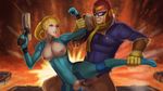  1boy 1girl adapted_costume areolae blonde_hair blue_eyes bottomless breasts captain_falcon collarbone crossover crotch_cutout f-zero gradient_background gun helmet leg_hold mask metroid nesoun nintendo nipples open_mouth parted_lips penis ponytail pussy samus_aran super_smash_bros. sweat teeth testicles uncensored vaginal weapon 