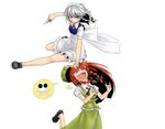  2girls :d \m/ araki_(qbthgry) blue_eyes bow hair_bow hat hong_meiling izayoi_sakuya knife leap_frog multiple_girls neck_ribbon no_eyes open_mouth red_hair ribbon skull_and_crossbones smile touhou white_hair 