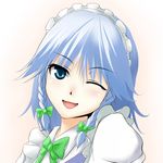  bad_id bad_pixiv_id blue_eyes braid copycat_(dryfood) face head_tilt izayoi_sakuya maid_headdress one_eye_closed open_mouth short_hair silver_hair solo touhou twin_braids 