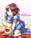  arle_nadja armor armored_dress blue_skirt brown_eyes brown_hair carbuncle_(puyopuyo) character_name creature fingerless_gloves gloves half_updo kneeling madou_monogatari muse_(rainforest) ponytail puyopuyo shoes short_hair skirt smile watermark web_address 