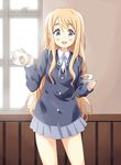  blonde_hair blue_eyes cup dekosuke k-on! kotobuki_tsumugi long_hair school_uniform solo teacup teapot 