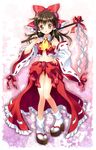  adapted_costume bare_shoulders bow brown_eyes brown_hair clog_sandals detached_sleeves frills gohei hair_bow hakurei_reimu hand_on_hip highres legs long_hair mauve midriff navel sandals solo tabi touhou wide_sleeves 