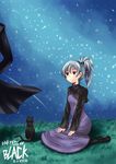  1girl animal black_cat bow cat coat darker_than_black dress from_behind grass hair_ribbon hei hinata_sora mao_(darker_than_black) night night_sky pantyhose ponytail purple_dress purple_eyes ribbon shoes silver_hair sitting skirt sky yin 