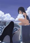  barefoot black_hair blue_eyes cloud day flat_chest from_side frown kouno_hikaru long_hair one-piece_swimsuit orca original outdoors pool poolside school_swimsuit solo swimsuit 