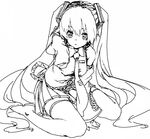  detached_sleeves greyscale hatsune_miku long_hair monochrome sitting solo very_long_hair vocaloid zizi_(zz22) 