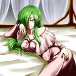  bed blush breasts copycat_(dryfood) covered_navel covered_nipples green_hair hair_over_one_eye hand_on_hip hat kazami_yuuka kazami_yuuka_(pc-98) large_breasts long_hair lying naughty_face nightgown no_hat no_headwear on_side red_eyes touhou touhou_(pc-98) 