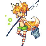  animal_ears bikini blonde_hair bucket fishing_rod fox_ears fox_tail full_body green_eyes holding holding_fishing_rod lowres original pixel_art ponytail short_shorts shorts solo swimsuit tail thighhighs transparent_background uruchimai 