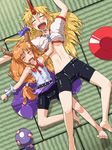  age_difference bad_id bad_pixiv_id barefoot between_breasts bike_shorts blonde_hair breasts cameltoe drunk feet from_above futomashio highres horn horns hoshiguma_yuugi ibuki_suika lying medium_breasts midriff multiple_girls navel on_back open_mouth orange_hair shiny shiny_clothes sleeping tatami toes touhou underboob 