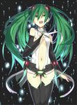  bad_id bad_pixiv_id bridal_gauntlets glowing green_eyes green_hair hand_on_own_chest hatsune_miku hatsune_miku_(append) highres long_hair navel necktie ojaga open_mouth solo thighhighs twintails very_long_hair vocaloid vocaloid_append 