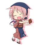  :d chibi closed_eyes eel fang full_body japanese_clothes mystia_lorelei okamisty open_mouth pink_hair short_hair smile solo touhou transparent_background wings yamabuki_(yusuraume) 