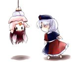  2girls =_= animal_ears annoyed bangs bloomers brown_hair bunny_ears carrot chibi closed_eyes dress hanging hat highres inaba_tewi mouth_hold multiple_girls nurse_cap pink_dress rope sash silver_hair simple_background touhou underwear upside-down white_background yagokoro_eirin yume_shokunin 