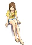  bad_id bad_pixiv_id brown_eyes brown_hair clothes_writing denim denim_shorts fashion feet legs looking_at_viewer original sandals shibasaki_shouji shirt shorts sitting smile solo vest 