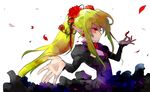  blonde_hair flower foreshortening hair_flower hair_ornament hands highres long_hair original petals pointy_ears ponytail red_eyes solo soyah 