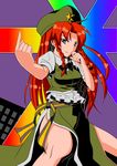  bad_anatomy blue_eyes blush braid china_dress chinese_clothes dress hong_meiling irusu long_hair solo touhou 