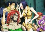  2girls black_hair chest_hair cowboy_bebop crossdressing edward_wong_hau_pepelu_tivrusky_iv faye_valentine jet_black lipstick makeup male_focus multiple_boys multiple_girls muscle pointing razor red_hair scar short_hair spike_spiegel wig 