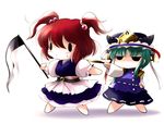  green_hair hair_bobbles hair_ornament multiple_girls onozuka_komachi red_hair rod_of_remorse shiki_eiki simple_background touhou yume_shokunin 