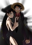  1girl black_hair breasts cleavage clenched_hand dual_persona formal genderswap genderswap_(mtf) grey_eyes hat inukoro_(spa) luffyko medium_breasts monkey_d_luffy necktie one_piece one_piece:_strong_world scar short_hair straw_hat time_paradox 