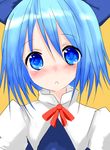  blue_eyes blue_hair blush bow cirno hair_bow han_(jackpot) open_mouth ribbon short_hair solo touhou 