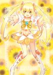  bad_id bad_pixiv_id blonde_hair boots bow choker cure_sunshine floral_background hair_ribbon heart heartcatch_precure! knee_boots legs long_hair magical_girl midriff myoudouin_itsuki navel orange_choker outstretched_hand precure ribbon skirt solo tamaichi twintails yellow yellow_background yellow_bow yellow_eyes yellow_skirt 