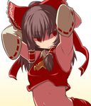  armpits arms_behind_head arms_up bangs bow brown_hair detached_sleeves gradient gradient_background hair_bow hair_tubes hakika hakurei_reimu midriff navel ponytail red_eyes sidelocks sideways_glance slit_pupils solo touhou upper_body 