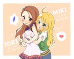  2girls ahoge aoi2410 belt blonde_hair blush breast_grab breasts brown_eyes brown_hair dress grabbing green_eyes groping hairband heart hoshii_miki hug hug_from_behind idolmaster idolmaster_(classic) idolmaster_2 long_hair looking_back measurements medium_breasts minase_iori multiple_girls open_mouth smile spoken_heart stats 