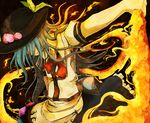  apron bad_id bad_pixiv_id blue_hair dress fire food fruit hair_over_eyes hat hinanawi_tenshi long_hair peach solo sword sword_of_hisou tokoroten_(hmmuk) touhou weapon 