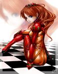  blue_eyes bodysuit brown_hair checkered checkered_floor evangelion:_2.0_you_can_(not)_advance goh long_hair looking_back multicolored multicolored_bodysuit multicolored_clothes neon_genesis_evangelion orange_bodysuit perspective plugsuit rebuild_of_evangelion red_bodysuit shikinami_asuka_langley solo souryuu_asuka_langley test_plugsuit zoom_layer 