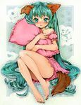  animal_ears aqua_eyes aqua_hair aqua_nails bare_legs bare_shoulders barefoot blush convenient_leg frilled_pillow frills hatsune_miku kemonomimi_mode kiro_(an_kilo) legs long_hair nail_polish pillow pillow_hug solo tail toenail_polish twintails very_long_hair vocaloid wolf_ears wolf_tail 