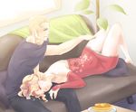  1girl blonde_hair bridal_gauntlets closed_eyes couch couple dissidia_final_fantasy final_fantasy final_fantasy_vi final_fantasy_xii food gabranth_(ff12) hetero lap_pillow no_legwear pancake panties rakurai4 sleeping tina_branford underwear 