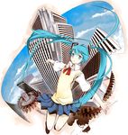  aqua_eyes aqua_hair bad_id bad_pixiv_id building fisheye hatsune_miku long_hair machimura_komori perspective school_uniform skirt skyscraper smile solo twintails very_long_hair vocaloid 