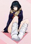  black_hair black_serafuku breasts feet foreshortening gyaru kogal large_breasts loose_socks original pupps red_eyes scarf school_uniform serafuku short_hair socks solo striped striped_scarf white_legwear 