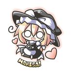  aoblue blonde_hair bow chibi hat hat_ribbon heart kirisame_marisa long_hair lowres o_o ribbon simple_background solo text_focus touhou witch_hat yellow_eyes 