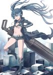  :o absurdres belt bikini_top black_rock_shooter black_rock_shooter_(character) blue_hair boots burning_eye front-tie_top gloves highres huge_weapon jacket knee_boots leg_up long_hair navel scar short_shorts shorts solo stitches supertie twintails very_long_hair weapon 