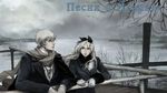  1girl axis_powers_hetalia bad_id bad_pixiv_id belarus_(hetalia) brother_and_sister coat cold couple cyrillic gloves hair_ribbon hetero kurenai_suzu lake long_hair outdoors pier ribbon russia_(hetalia) russian scarf scenery siblings silver_hair sky white_gloves winter winter_clothes 