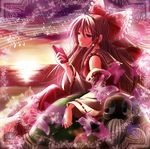  amamorient beard bow brown_eyes brown_hair bug butterfly detached_sleeves facial_hair genjii gohei hair_bow hakurei_reimu insect long_hair musical_note solo sunset touhou touhou_(pc-98) 
