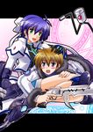  1girl bad_id bad_pixiv_id blush ec_divider_code-996 fur_trim gauntlets gloves green_eyes gunblade headband inline_skates knee_pads lyrical_nanoha mach_caliber magic_circle mahou_senki_lyrical_nanoha_force open_mouth purple_hair revolver_knuckle roller_skates sakazaki_akira short_hair shorts skates steed_(nanoha) subaru_nakajima sword_breaker thoma_avenir weapon 