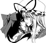  bad_id bad_pixiv_id black_hair blush bow couple greyscale hair_bow hakurei_reimu hat lips long_hair monochrome multiple_girls short_hair toono_yayoi touhou yakumo_yukari yuri 