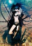  belt bikini_top black_hair black_rock_shooter black_rock_shooter_(character) blue_eyes boots chain coat flat_chest highres huke long_hair midriff moon navel pale_skin scar shorts solo sword twintails very_long_hair weapon 