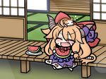  animal animal_on_head bow cat cat_on_head chibi eating fang food fruit holding holding_food holding_fruit horns ibuki_suika on_head orange_hair ribbon solo touhou watermelon yanagi_(nurikoboshi) 