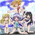  &gt;_&lt; :3 :t barefoot beach bikini black_hair blonde_hair blue_eyes blue_hair bow brain_freeze casual_one-piece_swimsuit cirno closed_eyes drill_hair fairy feet hair_bow headdress ice kneeling long_hair lowres luna_child multiple_girls mundane_utility nanashii_(soregasisan) no_nose ocean one-piece_swimsuit one_eye_closed red_eyes school_swimsuit shaved_ice short_hair star_sapphire sunny_milk swimsuit touhou v wings yousei_daisensou 