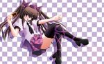  black_legwear brown_hair cellphone checkered checkered_skirt commentary_request hat himekaidou_hatate necktie phone purple_eyes short_hair side_b skirt solo thighhighs tokin_hat touhou twintails 