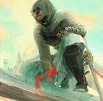 altair_ibn_la-ahad assassin's_creed assassin's_creed_(series) bad_id bad_pixiv_id black_eyes fingerless_gloves gloves hood male_focus sheath sheathed shimabara solo sword vambraces weapon 