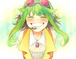  blush goggles goggles_on_head green_hair grin gumi headphones headset kama_(satoyan) short_hair short_hair_with_long_locks sidelocks smile solo upper_body vocaloid 