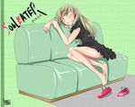  bad_id bad_pixiv_id barefoot blush couch feet green_eyes grey_hair heart highres legs maaru maka_albarn solo soul_eater 