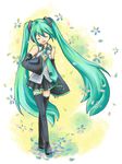  aqua_hair closed_eyes detached_sleeves hand_on_own_chest hatsune_miku headset kamrui long_hair necktie skirt solo thighhighs twintails very_long_hair vocaloid 