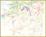  agahari barefoot beach bikini black_hair brown_eyes eyepatch long_hair minna-dietlinde_wilcke multiple_girls navel one-piece_swimsuit palm_tree ponytail red_eyes red_hair sakamoto_mio school_swimsuit sitting strike_witches swimsuit traditional_media tree water white_school_swimsuit white_swimsuit world_witches_series 